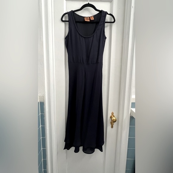 Tory Burch Navy Silk Midi Dress with Scoop Neck and Braided Trim, size 2 - Picture 1 of 4
